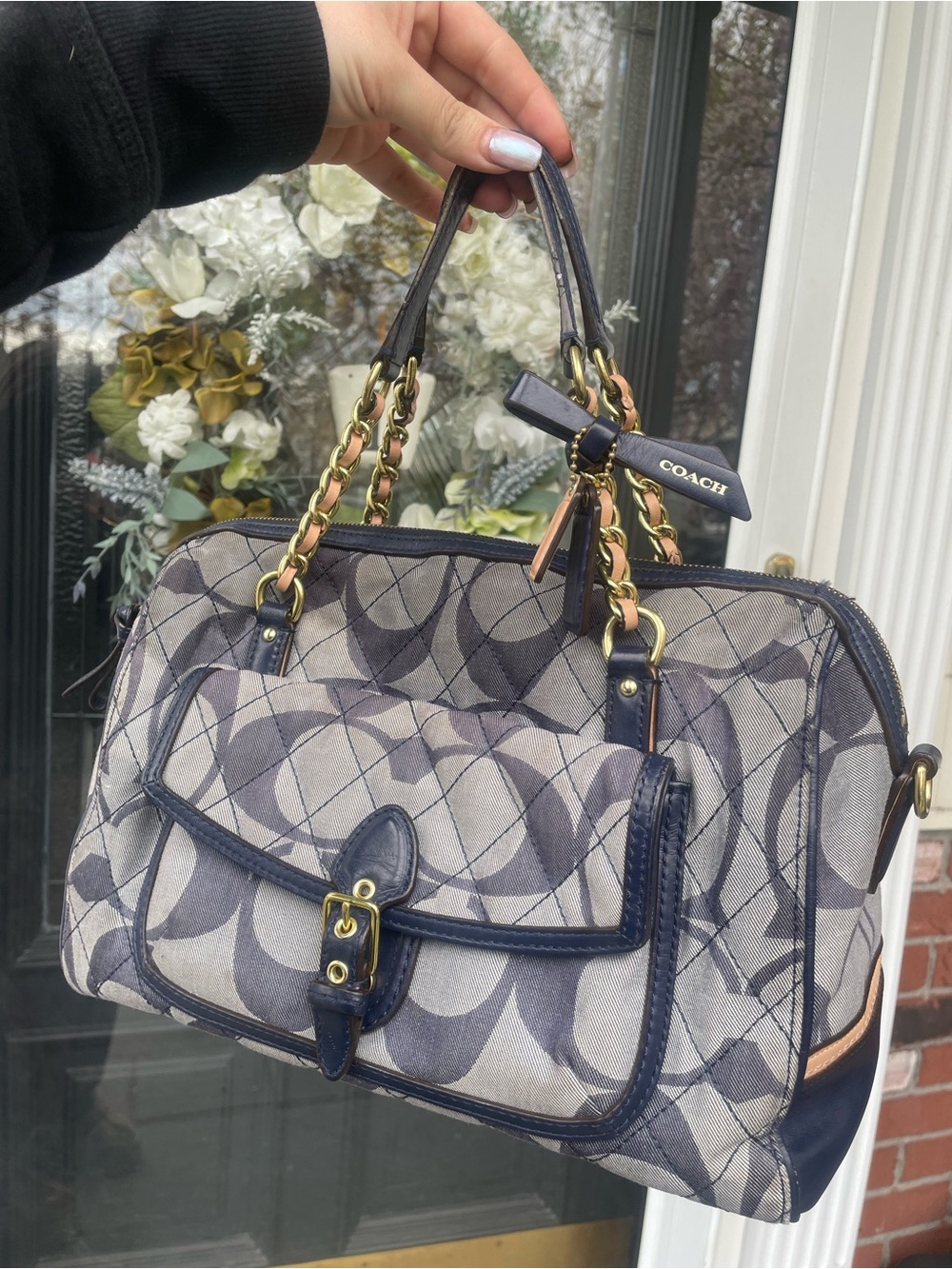 Coach denim quilted poppy Navy and Gray Signature Satchel handbag